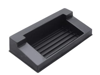 Injection moulded retail display tray in black matt smooth HIPS with ribbed base