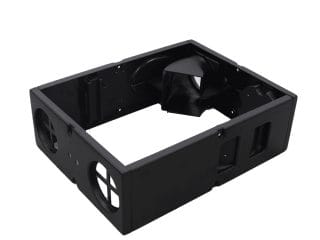 Injection moulded ventilation housing in black recycled ABS with integrated pinseal features